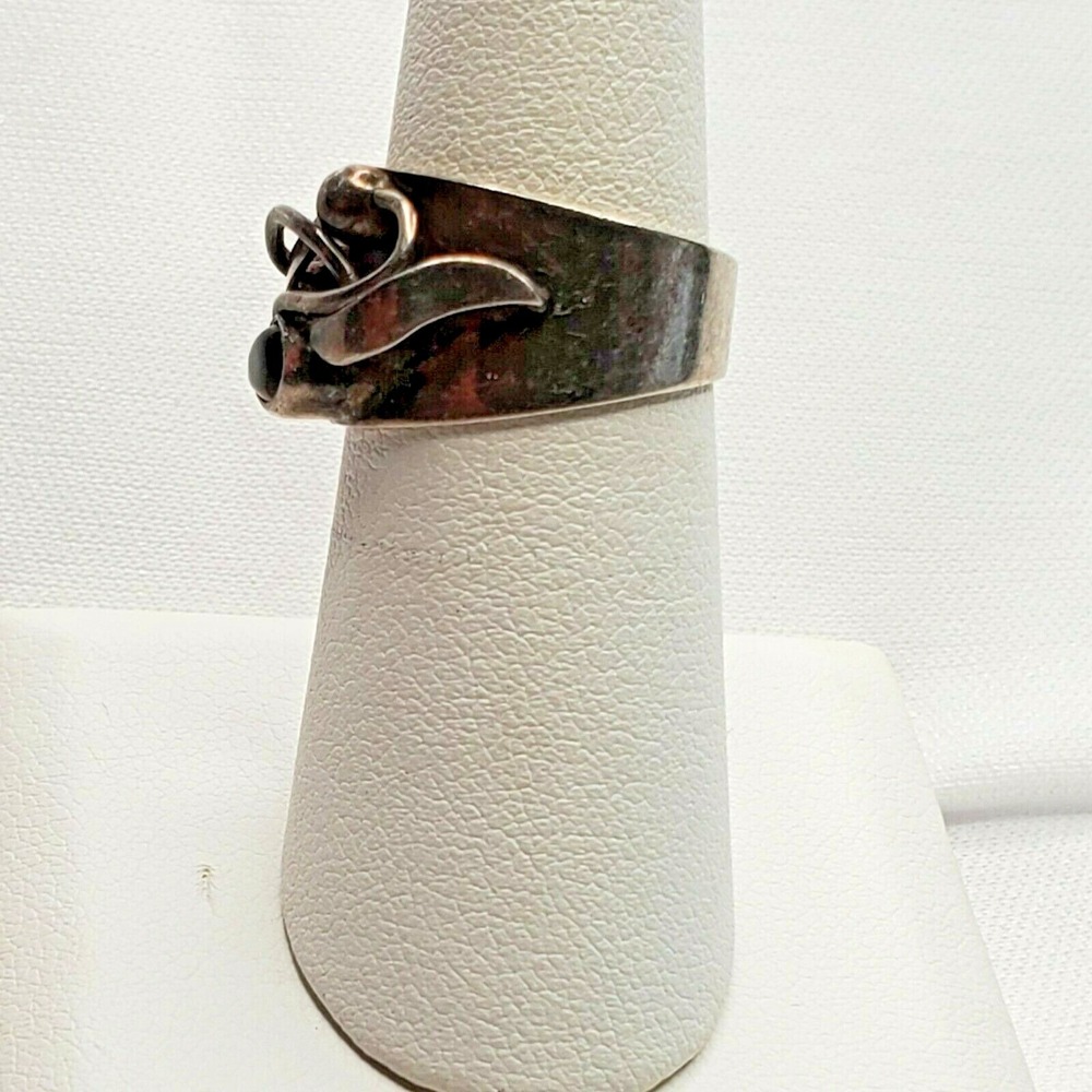 Vintage 925 Sterling Silver Abstract Vine Black Onyx Buds Design Ring Size 6.75 - Picture 4 of 12